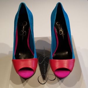 Jessica Simpson Red Blue Suede Open-Toe Wedges